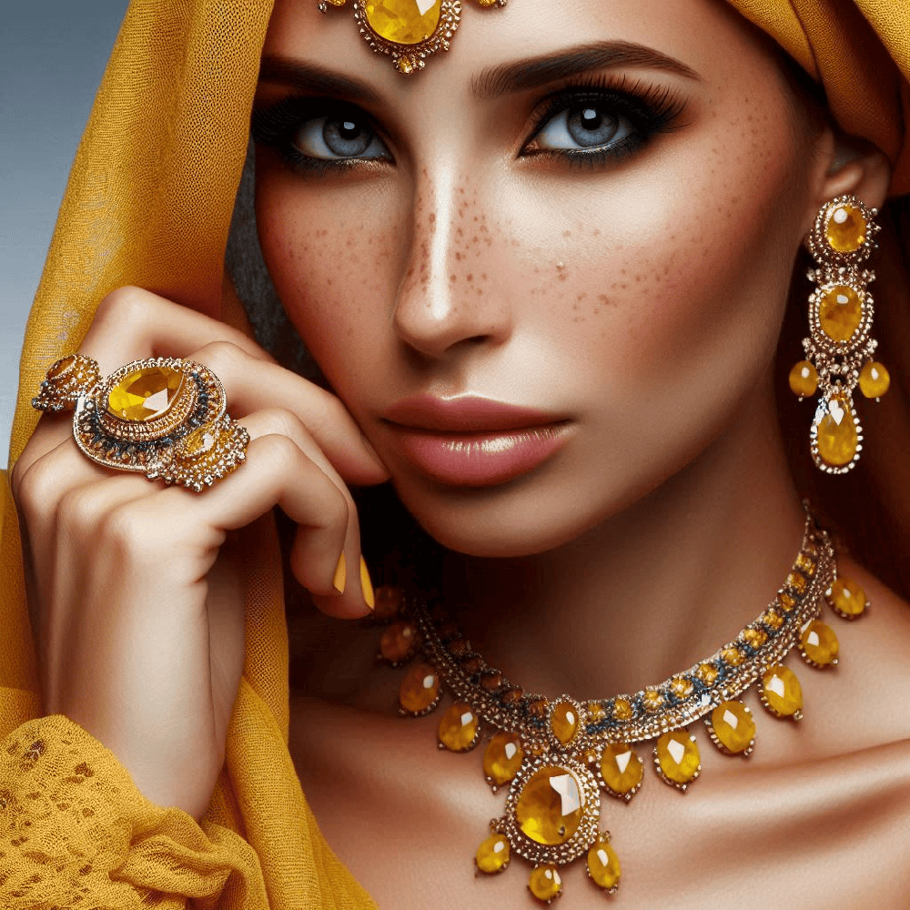 person wearing yellow sapphire jewelry